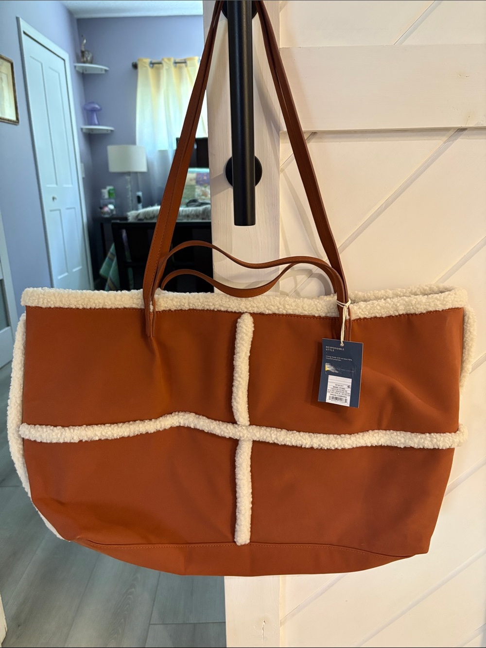 Universal Thread Sherpa-Trim Tote in Rust with Cream Accents
